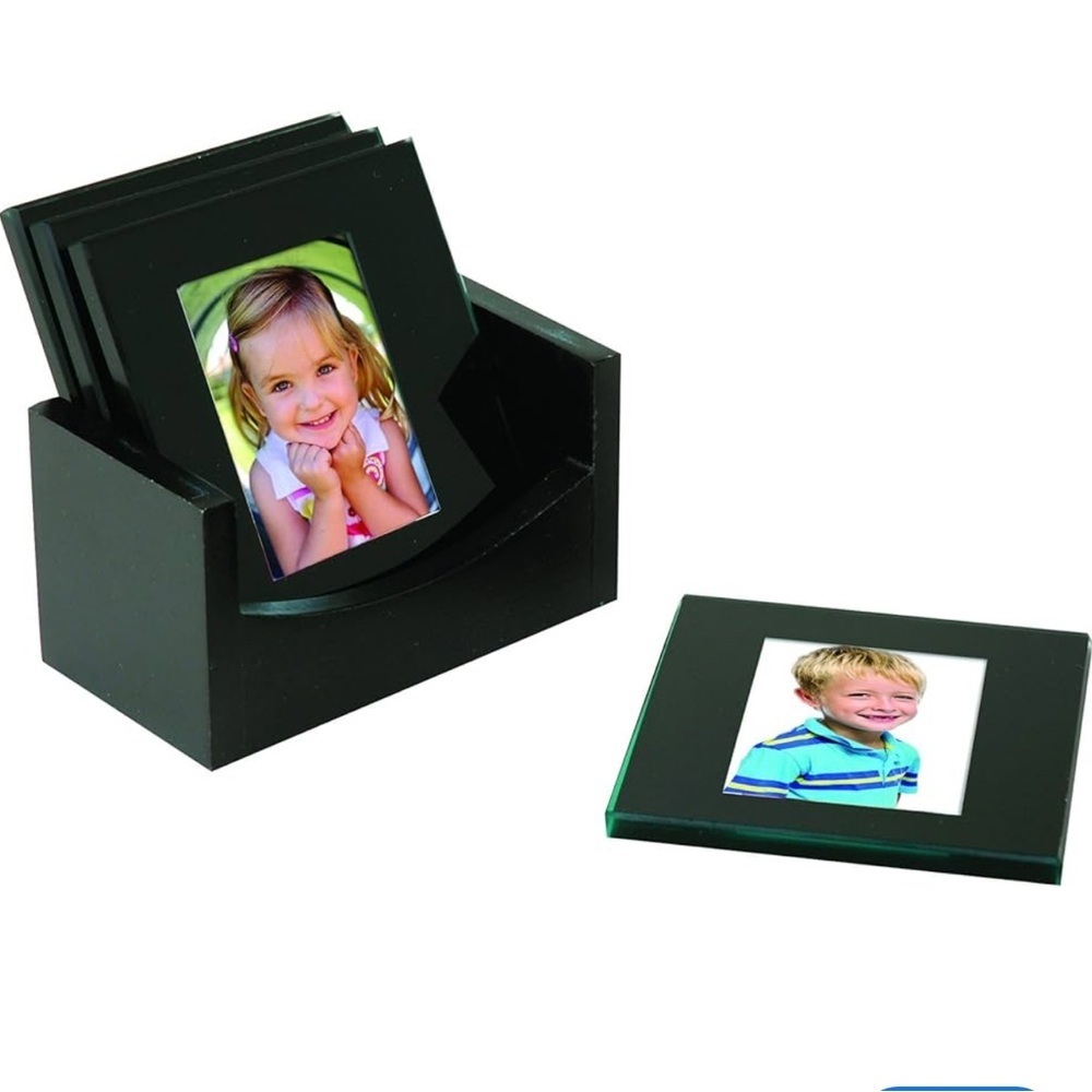 Melannco‎ 6 Piece Glass Photo Coaster Set - Black Wood Holder - Holds 2x3 Photos